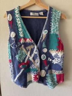 【古着】LE MODA 多色柄 コットンニットベスト Sのサムネイル