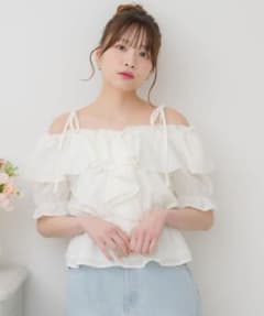 オフショルダー フリルブラウス ライトブルーのサムネイル