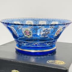 BOHEMIA GLASS ボヘミア 大鉢 ボウル ブルー 花文 エナメル 金彩 BOHEMIA GLASS ボヘミア 大鉢 ボウル ブルー 花文 エナメル 金彩