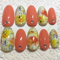 【245】M♡春夏♡水彩画風イエロー系フラワーネイル♡オレンジ♡のサムネイル