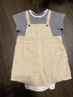 赤ちゃんの城　70cm ベージュ ストライプ ボタン付きロンパースのサムネイル