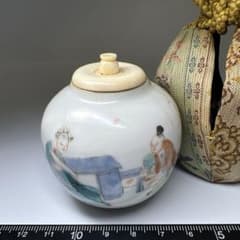 中国清時代　粉彩人物画蓋茶碗6客　木箱付　東Y8-0206☆2Fトコサ 中国清時代 粉彩人物画茶入 仕覆付 高さ約6㎝ 東Y8-0504☆2Fトコヒ