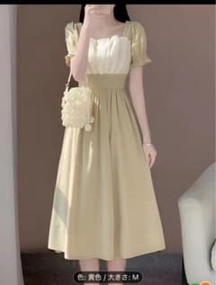 新品　スクエアネック パフスリーブ ワンピース イエロー Mのサムネイル