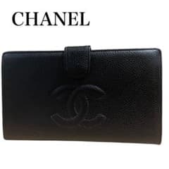 シャネル CHANEL 二つ折り長財布 がま口小銭入れ 黒 キャビアスキン