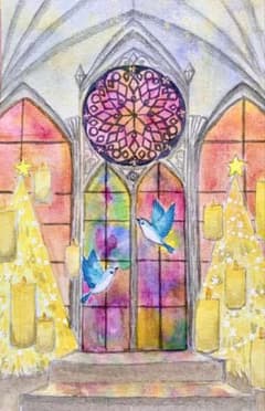 momorin様専用水彩画 ステンドグラスと羽ばたく小鳥 値段は※900円です