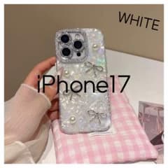 iPhone17 ケース リボン ラインストーン ハート ホワイト