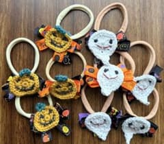 ハロウィン　ヘアゴム　ペット用　キッズ　ハンドメイド小物　手編み　ニットアクセのサムネイル