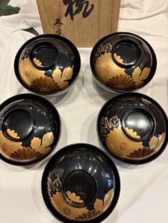 輪島塗 漆器 椀 5客セット 菊蒔絵 黒漆 共箱 - メルカリ