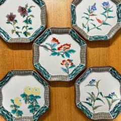 九谷焼　正峰窯　五草花　6.5号皿揃　中皿　銘々皿　八角皿　直径20.3cm 九谷焼 正峰窯 五草花 6.5号皿揃 中皿 銘々皿 八角皿 直径20.3cm