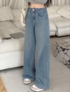 ラインストーン付き ワイドデニムパンツ ブルーのサムネイル