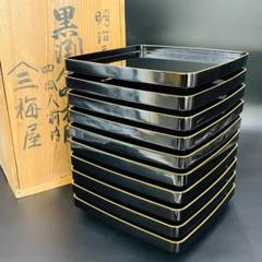 骨董 アンティーク 明治30年 黒渕金吸物膳 会席膳10客 40人前入 梅屋 骨董 アンティーク 明治30年 黒渕金吸物膳 会席膳10客 40人前入