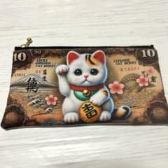 フラットポーチ まねきねこ柄 ペンケース 両面パネル ❤️ハンドメイド