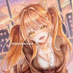 手描きイラスト オリジナル ミニ色紙 秋 猫耳美少女 女の子 原画