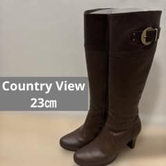 日本製Country Viewスクエアトゥ本革ロングブーツ茶23cm美脚ヒール 日本製Country Viewスクエアトゥ本革ロングブーツ茶23cm美脚ヒール