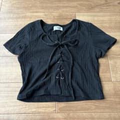 WEGOフロントレースアップ リブ半袖Tシャツ ブラックのサムネイル