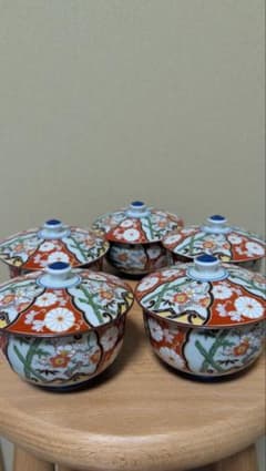 清秀 茶碗蒸し碗 5客セット 蓋付き 和食器 花柄 金彩 昭和レトロのサムネイル