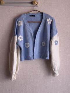 SHEIN フラワー刺繍 カーディガン ライトブルー Sのサムネイル