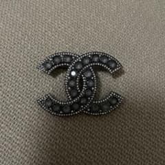 極美品 CHANEL ブローチ ココマーク ラインストーン 黒 ガンメタ 