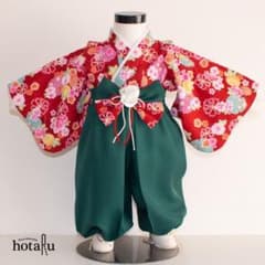 赤と緑の花柄 着物と袴パンツのセット　90サイズのサムネイル