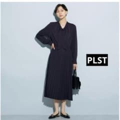 プラステ ジョーゼットプリーツドッキングワンピース ボウタイ ネイビー M