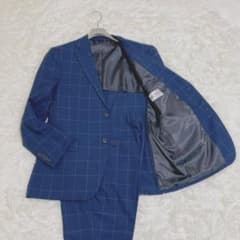 【美品】ヒロココシノ スーツ ネイビー ウィンドウペーン AB6 L