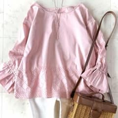 美品 シップス ベルスリーブ カットワークレース ブラウス プル 