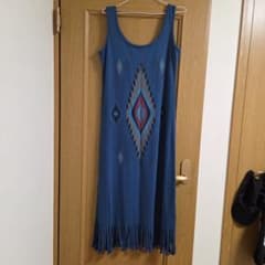 ネイティブ柄ノースリーブ ロングワンピース 青