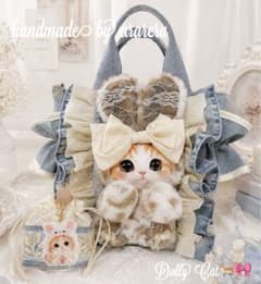 ウサ耳猫パネルフリル❣ハンドメイドバッグ❣ うさ耳ねこちゃん トートバッグ 巾着付き デニム ナチュラルベージュ