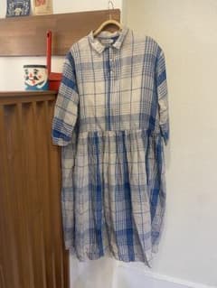 日本製 ICHI Antiquites リネン チェックワンピース ブルー - メルカリ