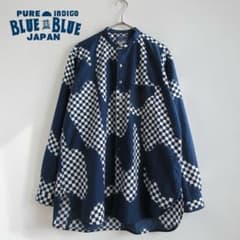聖林公司 BLUE BLUE インディゴ×市松模様 バンドカラーシャツ ハリラン 聖林公司 BLUE BLUE インディゴ×市松模様 バンドカラーシャツ ハリラン