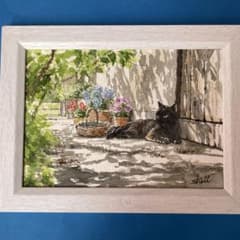水彩画 猫のいる風景 絵画 原画 - メルカリ