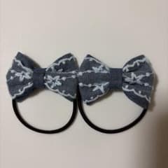 ハンドメイド デニム風 レースリボン ヘアゴム 2個セットのサムネイル