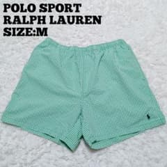 名作！ポムツリー柄！POLO SPORT 90s ショーツ POLO SPORT♢90s チェック柄 ポニー刺繍 スイムショーツ 緑×白 M