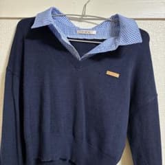 ネイビー Vネックニット チェック襟のサムネイル