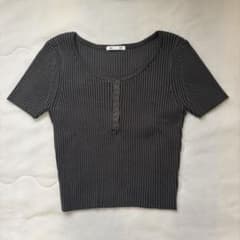 GU リブ ヘンリーネック 半袖Tシャツ ダークグレー Sのサムネイル