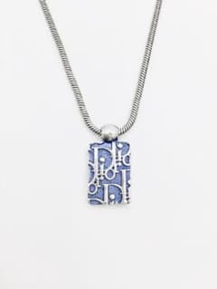 中古 美品】ディオール トロッター柄 スクエア ネックレス 青 銀 A798 