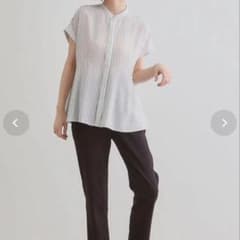 【送込/美品】涼しい！grove ストライプ柄 バンドカラー 半袖ブラウス Mのサムネイル