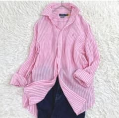 極美品　現行タグ ポロラルフローレン ストライプリネンシャツ ブラウス　ピンクM