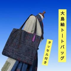 ♢シックな赤♢♢大島紬トートバッグ♢幾何学文様・横長・タッセル付