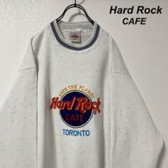 USA製】 ハードロックカフェ ドットスウェット 白 リブボーダー 刺繍