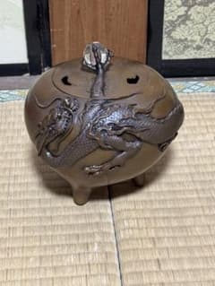 治】蝋型師『米田秀保』造 水晶摘唐銅浮彫龍紋香炉 立体彫刻 香道具