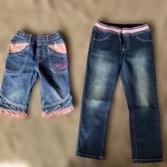 女の子 デニムパンツ ハーフズボン 長ズボン 2点セット ウエストゴム110cm