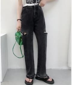 【AsRiRe】ダメージワイドデニムパンツ ストレートパンツ スリット ブラックのサムネイル