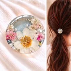 レジンヘアゴム ドライフラワー ホワイトフラワー/ポニーフック可能
