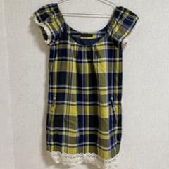 チェック　チュニック　半袖　紺　レース