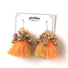 バイカラータッセル（蛍光オレンジ）×ビーズ刺繍♡ハンドメイドピアス
