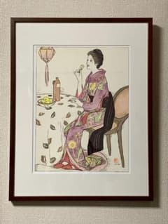 真作】竹久夢二 長崎十二景「青い酒」300部限定番号入り版画 日芸版画
