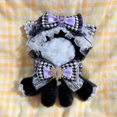 ⑦032.おすわりぬい服　千鳥柄×パープル　ブラック　ねこ　10〜12cmのサムネイル