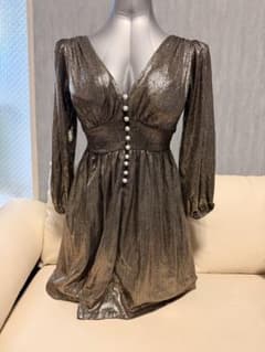 メタリックゴールド Vネック ミニドレスのサムネイル