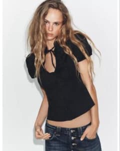 ZARA タイディテール　ポプリン　トップス　シャツ　黒　ブラック　ブラウス zara タイディテール ポプリン トップス Sサイズブラック ブラウス
